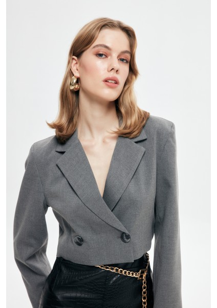 Vatka Detaylı Crop Blazer Ceket Gri
