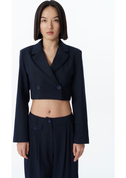 Vatka Detaylı Crop Blazer Ceket Lacivert