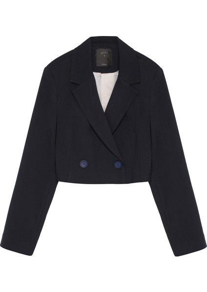 Vatka Detaylı Crop Blazer Ceket Lacivert