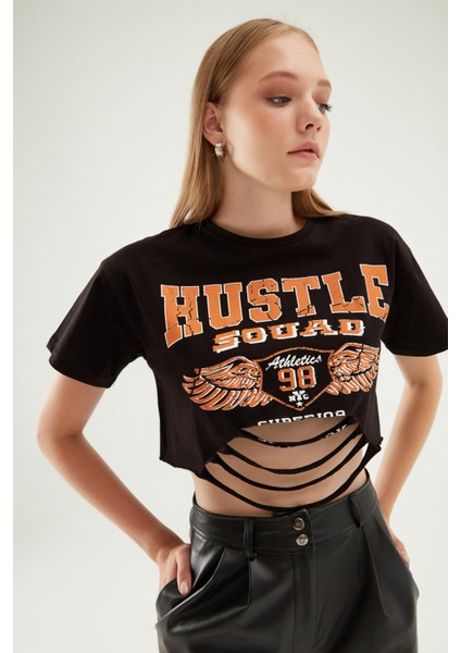 Baskılı Crop Tişört Siyah