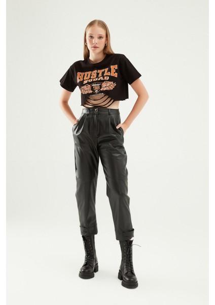 Baskılı Crop Tişört Siyah