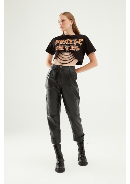 Baskılı Crop Tişört Siyah