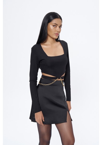 Zincir Detaylı Crop Bluz Siyah