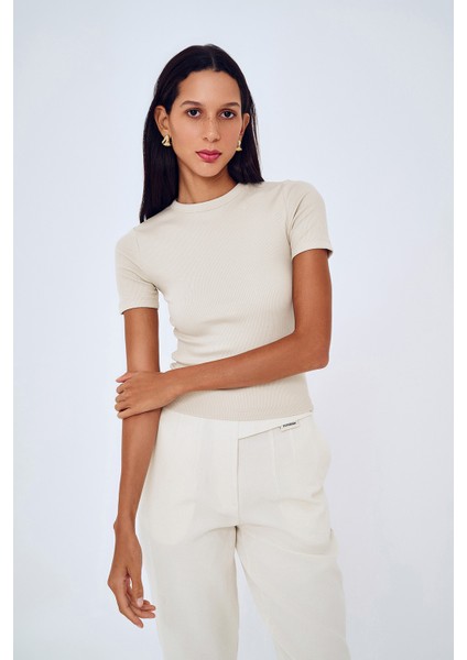 Fitilli Basic Tişört Bej