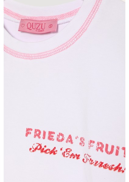 Renkli Kiraz Baskılı Kısa Kol Crop Tişört Beyaz