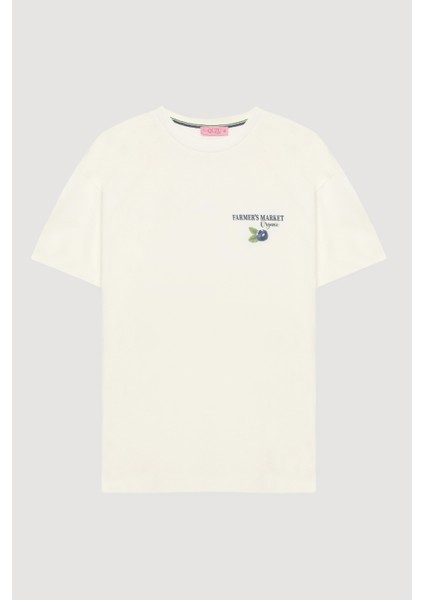 Yaban Mersini Baskılı Tişört Ekru indirimleri