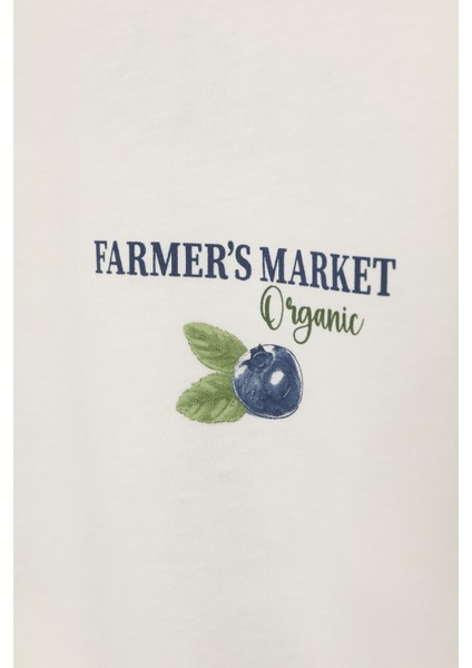 Yaban Mersini Baskılı Tişört Ekru