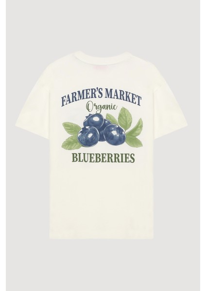 Yaban Mersini Baskılı Tişört Ekru