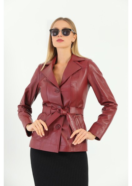Kadın Kuşak Detaylı Hakiki Deri Ceket