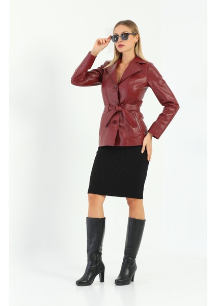 Kadın Kuşak Detaylı Hakiki Deri Ceket