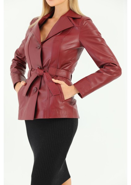 Kadın Kuşak Detaylı Hakiki Deri Ceket