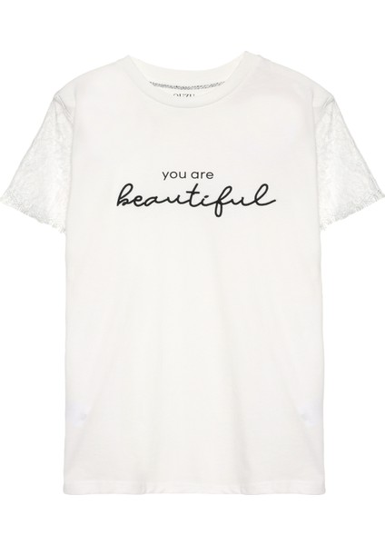 Kolu Dantel Detaylı Yazı Baskılı Tişört Ekru fiyatları