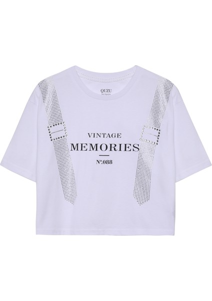 Taş Aksesuarlı Yazılı Crop Tişört Beyaz fiyatları