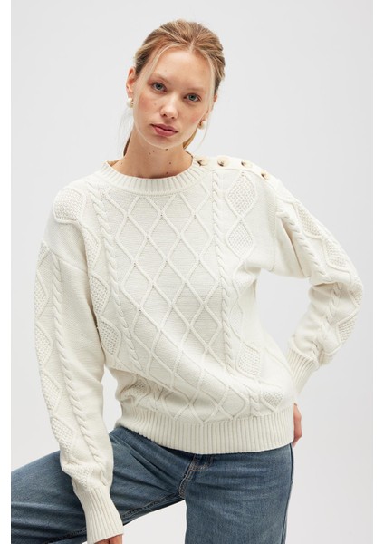 Daphne Saç Örgülü Omzu Düğmeli, Kadın Triko Kazak - Ekru