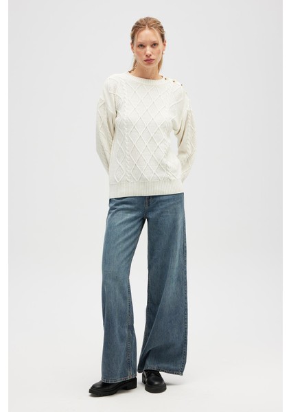 Daphne Saç Örgülü Omzu Düğmeli, Kadın Triko Kazak - Ekru fiyatları
