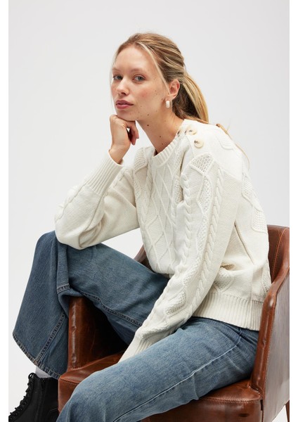 Daphne Saç Örgülü Omzu Düğmeli, Kadın Triko Kazak - Ekru indirimleri