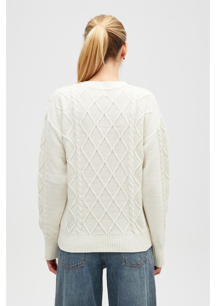 Daphne Saç Örgülü Omzu Düğmeli, Kadın Triko Kazak - Ekru