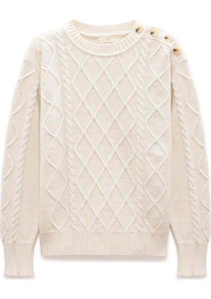 Daphne Saç Örgülü Omzu Düğmeli, Kadın Triko Kazak - Ekru