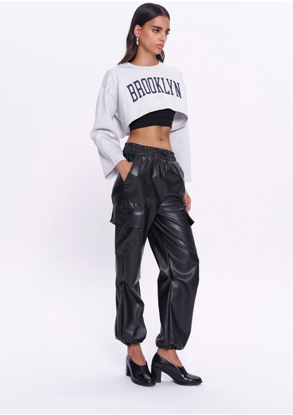 Kargo Cep Beli Lastikli Deri Pantolon Siyah
