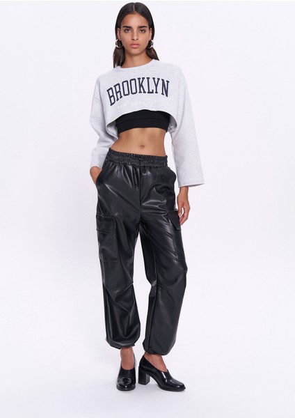 Kargo Cep Beli Lastikli Deri Pantolon Siyah