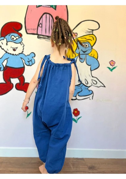 %100 Organik Çift Kat Müslin Kız Çocuk Şalvar Tulum Mavi fiyatları