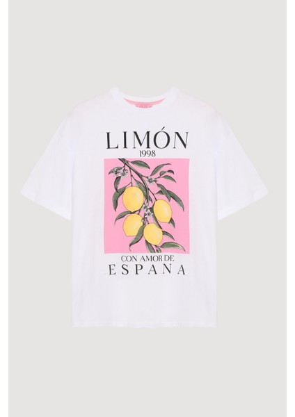 Renkli Limon Baskılı Tişört Beyaz fırsatları