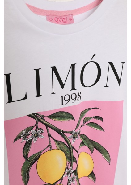 Renkli Limon Baskılı Tişört Beyaz