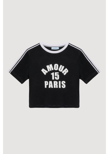 Paris Yazılı Omuzları Biyeli Crop Tişört Lacivert fırsatları