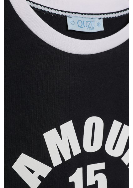 Paris Yazılı Omuzları Biyeli Crop Tişört Lacivert indirimleri