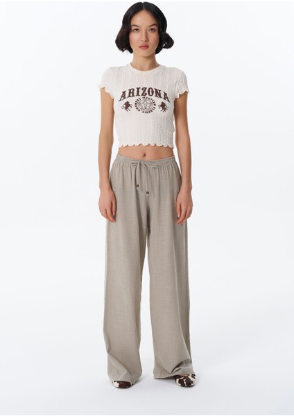 Yazı Baskılı Gofre Crop Tişört Ekru