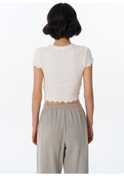 Yazı Baskılı Gofre Crop Tişört Ekru