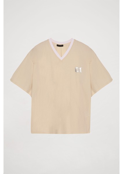 V Yakalı Kısa Kol Oversize Tişört Taş fırsatları