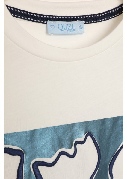 Kabartma Baskılı Yazılı Kısa Kol Tişört Ekru