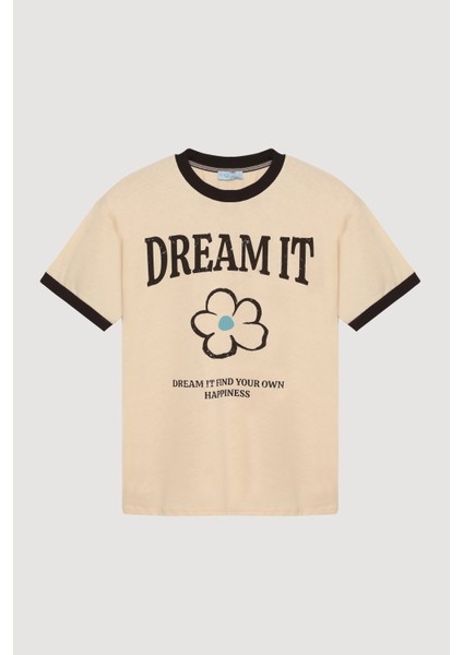 Biye Yakalı Baskılı Tişört Bej indirimleri