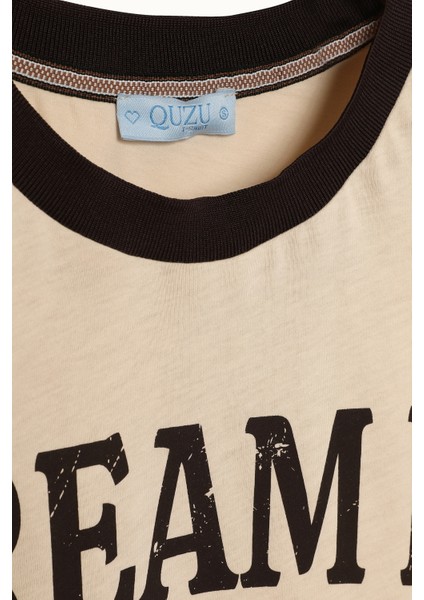 Biye Yakalı Baskılı Tişört Bej