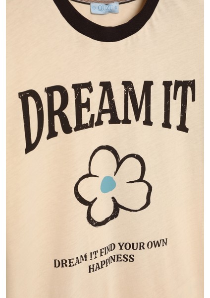 Biye Yakalı Baskılı Tişört Bej