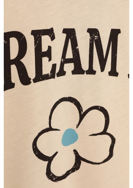 Biye Yakalı Baskılı Tişört Bej