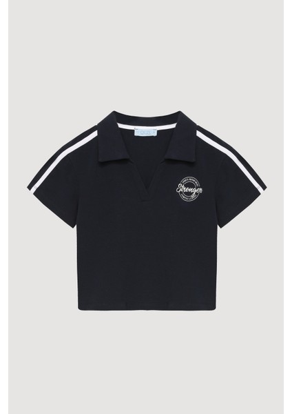 Polo Yaka Baskılı Crop Tişört Lacivert fırsatları