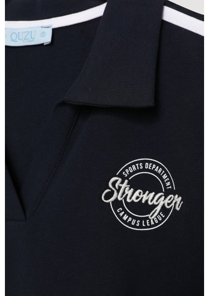 Polo Yaka Baskılı Crop Tişört Lacivert indirimleri