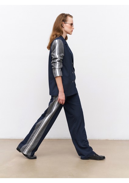 Şeritli Yüksek Bel Pantolon Lacivert