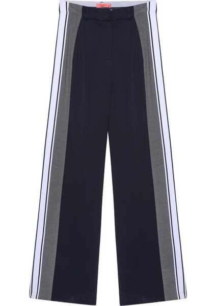 Şeritli Yüksek Bel Pantolon Lacivert