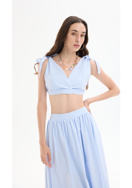 Bağlama Detaylı Kruvaze Büstiyer Bluz Mavi