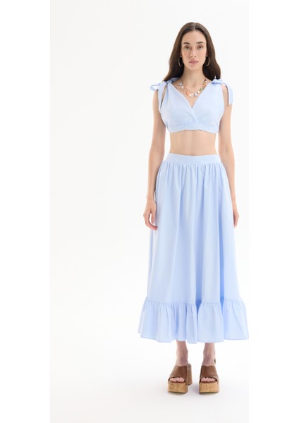 Bağlama Detaylı Kruvaze Büstiyer Bluz Mavi