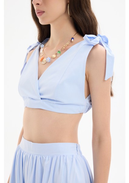 Bağlama Detaylı Kruvaze Büstiyer Bluz Mavi