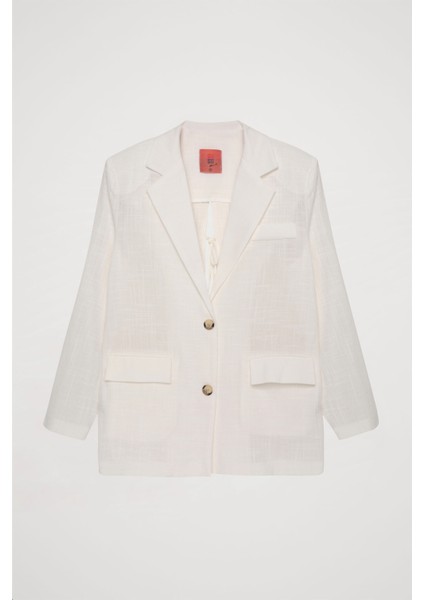 Kol Düğme Aksesuarlı İnce Çizgili Blazer Ceket Ekru