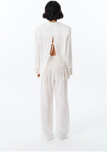 Kol Düğme Aksesuarlı İnce Çizgili Blazer Ceket Ekru