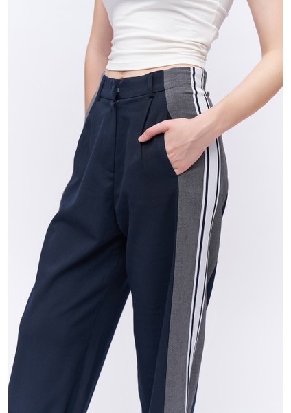 Şeritli Yüksek Bel Pantolon Lacivert