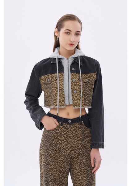 Leopar Matchli Kapüşonlu Crop Ceket Bej