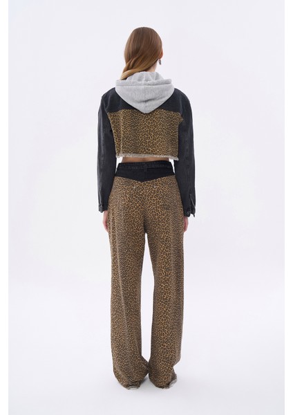 Leopar Matchli Kapüşonlu Crop Ceket Bej