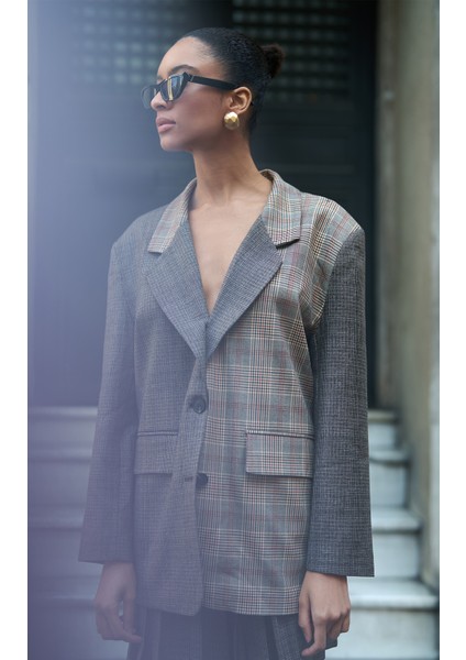 Match Detaylı Kareli Kruvaze Yaka Blazer Ceket Kahverengi